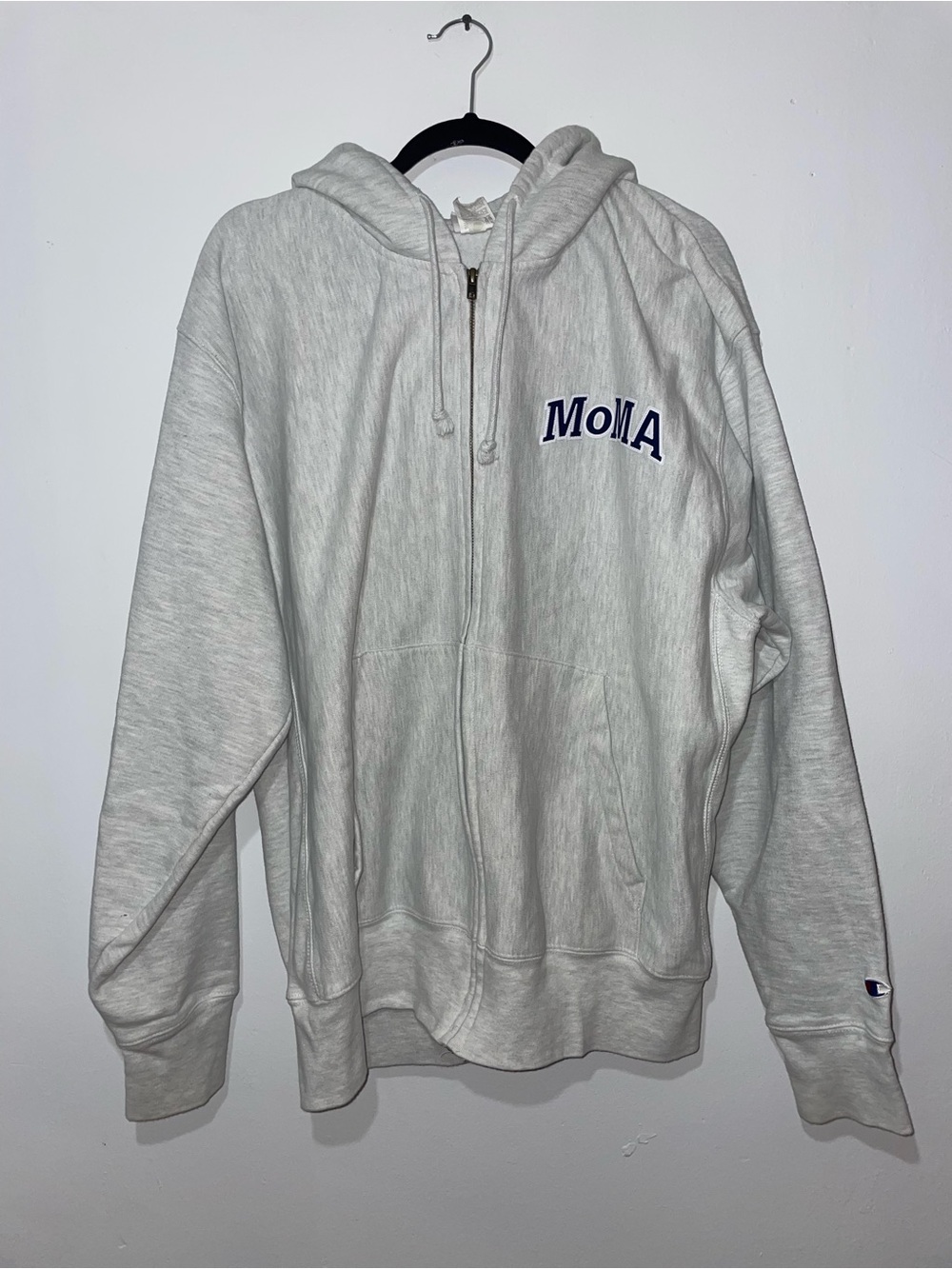 MoMA Zip-Up Hoodie in Light Gray with Navy Logo